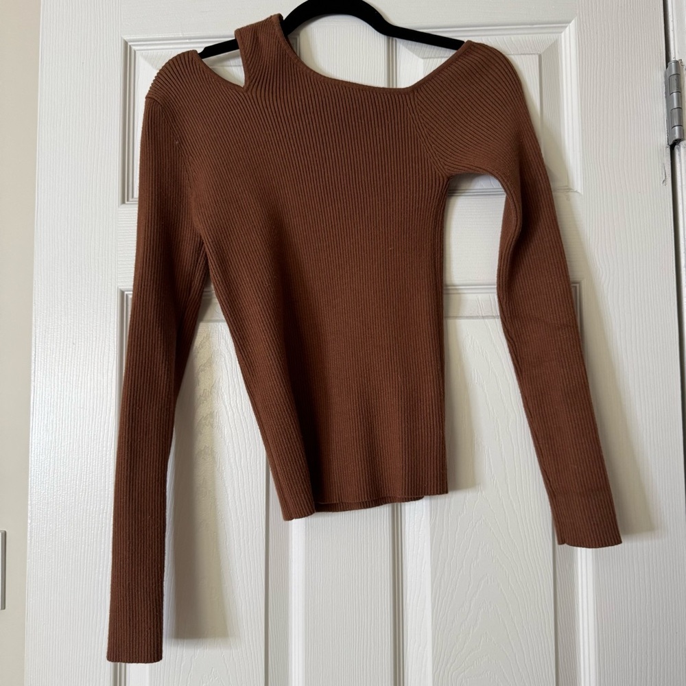 Brown Ribbed One-Shoulder Top